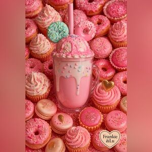 Pink Milkshake Tumbler w Donut Lid & Straw Sweet Treat Aesthetic Cup NWT